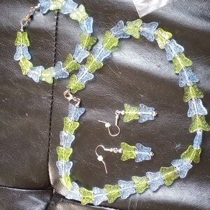 Butterfly Necklace and Earring Set - Green and Blue